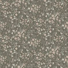 an old fashioned wallpaper with small flowers and leaves in grey, pink and white colors