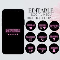 an iphone with pink stickers on it and the text editable social media highlight covers