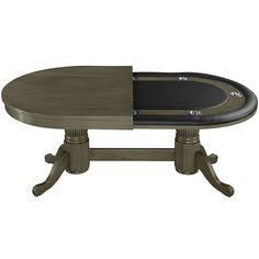 an oval dining table with two pedestals and one end on each side, all in dark wood