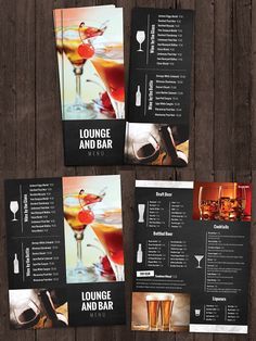 three fold menus with drinks on them sitting next to each other in front of a wooden background