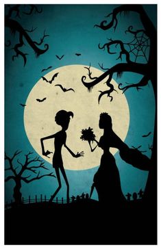 the silhouettes of two people holding hands in front of a full moon with bats