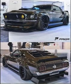 two pictures of the same car on display at an auto show, one is black and the other is brown