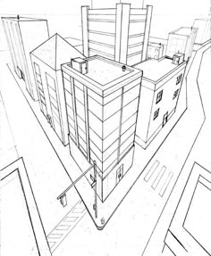 this is a drawing of a building in the middle of a city with lots of windows