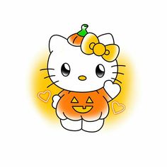 a hello kitty pumpkin with a jack - o'- lantern on its chest and an orange bow