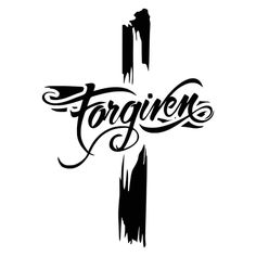 the word forgings written in black ink on a white background with a cross