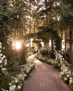 the walkway is lined with white flowers and greenery