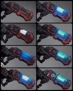 four different images of the same type of light - up hand that appears to have been made out of legos