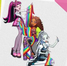 two girls are standing next to each other and one is holding a rainbow flag while the other girl has long hair