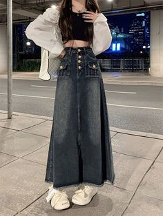 A Line Long Dress, A Line Denim Skirt, High Waisted Denim Skirt, Umbrella Skirt, Long Denim Skirt, Rock Outfit, Denim Skirt Women, Skirt For Women, Half Skirt