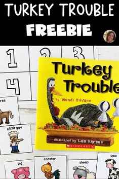 a turkey trouble game with pictures of turkeys and other animals on it, in front of