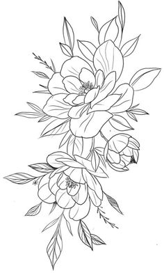 a black and white drawing of flowers with leaves on the bottom half of each flower