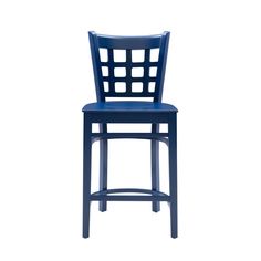 a blue plastic bar stool with an open back and latticed design on the seat