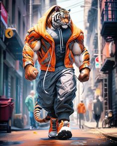 a man in an orange and black jacket is walking down the street with a tiger on his chest