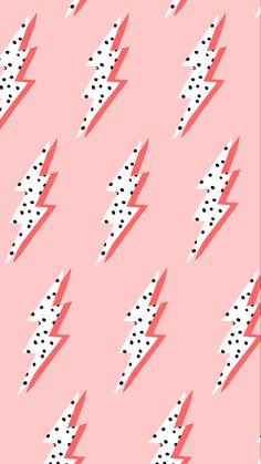 a pink background with black and white polka dots and lightning bolt shapes on the left side