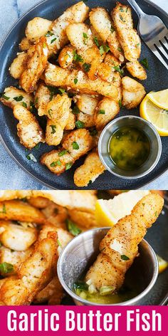 garlic butter fish on a plate with dipping sauce and lemon wedges next to it