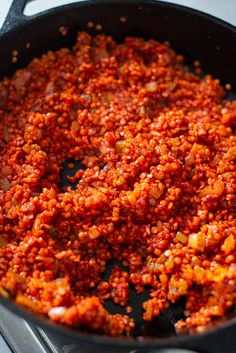 the food is being cooked in the skillet on the stove top, ready to be eaten