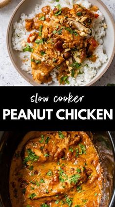 slow cooker peanut chicken in a bowl with rice and garnish