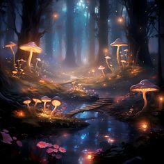 an image of a forest scene with mushrooms and fireflies in the woods at night