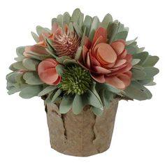 a potted plant with pink flowers and green leaves in it's centerpiece