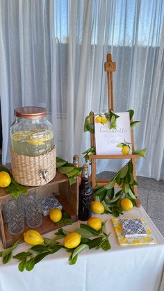 a table with lemons and other items on it