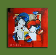 an abstract painting with red, white and blue colors in the background that says drums