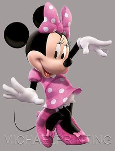 the minnie mouse is dancing in pink and white polka dots