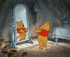 winnie the pooh looking at herself in the mirror