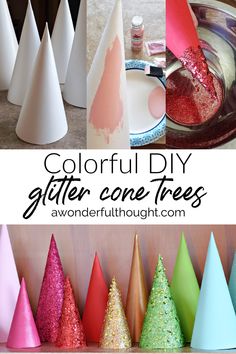 colorful diy glitter cone trees with text overlay