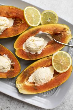 the squash is stuffed with ice cream and lemon slices