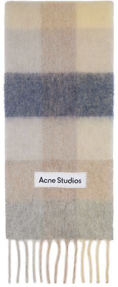 Rectangular brushed alpaca- and wool-blend flannel scarf in tones of gray and taupe. · Check pattern throughout · Logo patch at face · Fringed detailing at ends · L98 x W11 Supplier color: Vanilla/Beige/Lavender Acne Check Scarf, Acne Plaid Scarf, Winter Mohair Scarves, Acne Studios Mohair Scarf, Hand-knitted Mohair Scarf For Winter, Flannel Scarf, Flannel Scarves, Mohair Scarf, Checked Scarf