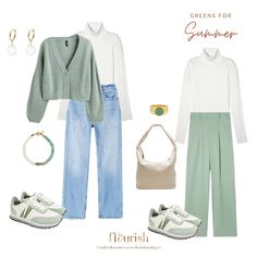 Best Greens for Each Season - flourishstyling.co True Summer Color Palette Clothes, Muted Green Outfit, Mute Summer Outfit Ideas, Light Summer Fashion, Soft Summer Style Outfits, Summer Color Season Outfits, Light Summer Fall Outfits, Light Summer Winter Outfits, Soft Summer Aesthetic Outfits