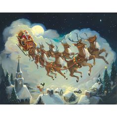 a painting of santa's sleigh with reindeers flying through the sky