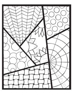 a coloring page with different shapes and lines in black and white, including the leaves