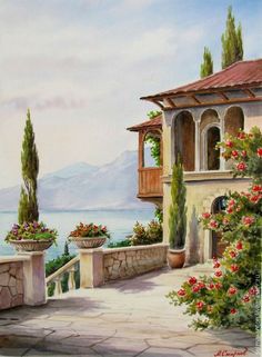 an oil painting of a house with flowers on the balcony and water in the background