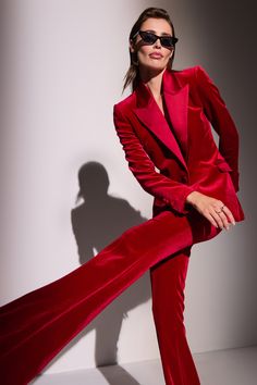 Beatrice Red Trousers Red Velvet Fabric, Nadine Merabi, Red Trousers, Bright Winter, Red Blazer, Red Pants, Cape Dress, Trouser Suits