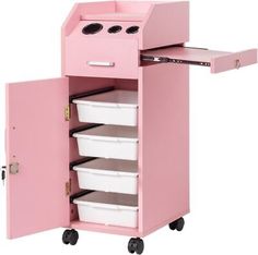 a pink cart with four white buckets on it's wheels and the door open