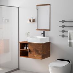 a white toilet sitting next to a wooden sink