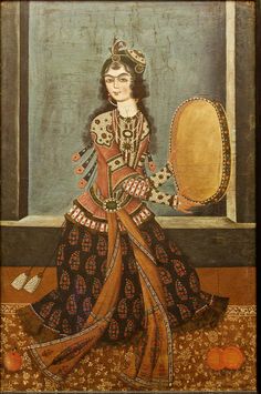 an old painting of a woman in traditional dress