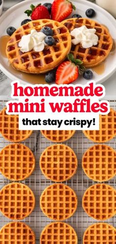 waffles with strawberries and blueberries on top are shown in this ad