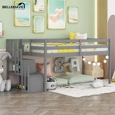 a child's bedroom with a bunk bed and toy animals on the floor next to it