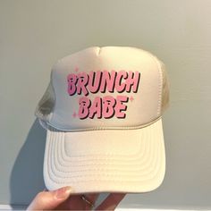 Wear This On Your Next Brunch! So Cute And Trendy! Beige With Pink Writing That Says “Brunch Club” Trucker Style Hat Brand New Never Been Worn Got From Local Boutique Fall Trucker Hat, Bride Trucker Hat, Pink Writing, Brunch Club, Local Boutique, Boutique Accessories, Ladies Boutique, Hat Fashion, Hats For Women