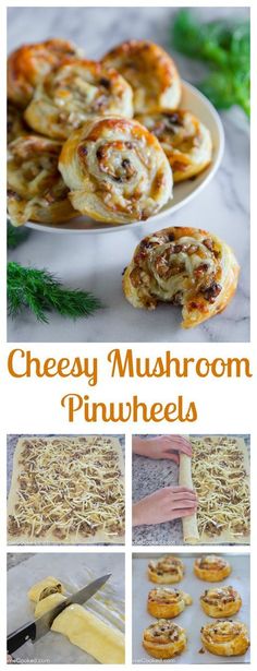 cheesy mushroom pinwheels recipe collage