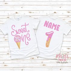 Sweet One Birthday Shirt | Ice Cream Birthday Shirt | 1st Birthday | First Birthday Outfit | Toddler Birthday | Kids Birthday Shirt How We Print Our Shirts: Once you place your order it goes into our production process. We print our shirts using Direct To Garment printing technology. Unlike other garment decorating processes, this process allows for a super soft print that will last for years. The ink is eco and kid friendly. We do not carry pre-printed shirts. All shirts are printed to order, s Sweet One Birthday, Kids Birthday Shirt, Girls Birthday Shirt, First Birthday Sign, First Birthday Posters, Cricut Monogram, First Birthday Shirt, Birthday Donuts, Kids Birthday Shirts