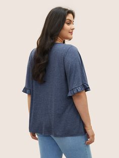 Flounce Sleeve, Trendy Tops, Ruffle Trim, Blue Black, Trim, Plus Size, T Shirt, Blue