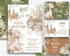 three baby shower cards with dinosaurs and plants