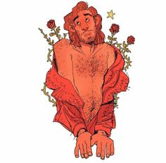 a drawing of a man with no shirt on sitting in front of flowers and stars