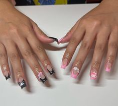 Acrylic Nails Hellokitty, Hello Kirry Nails, Short Acrylic Nails Designs Kuromi, Kuromi French Tips, Kuromi And My Melody Nails Acrylic, Sanrio Nails Acrylic Kuromi, Pink Kuromi Nails, Kuromi Charm Nails, Kuromi Nails Acrylic Short