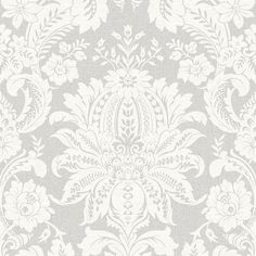 a white and gray wallpaper with an ornate design on it's side,