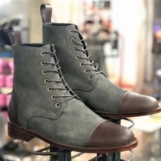 Gray Suede Brown Leather Boots for Men Cap Toe Dress Boots Leather Boots For Men, Western Boots For Men, Mens Ankle Boots, Bespoke Shoes, Men’s Boots, Handmade Leather Shoes, Harness Boots, Mens Leather Boots, Dress Boots