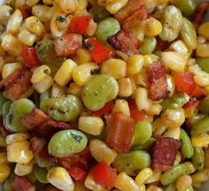 corn salad with bacon and green beans in a white bowl